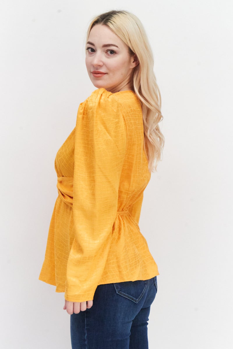 RIVER ISLAND Women V-Neck Long Sleeves Jacquard Twist Blouse, Orange - Image 3